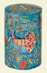 Round "Peacock" Tzedakah Box by aJudaica